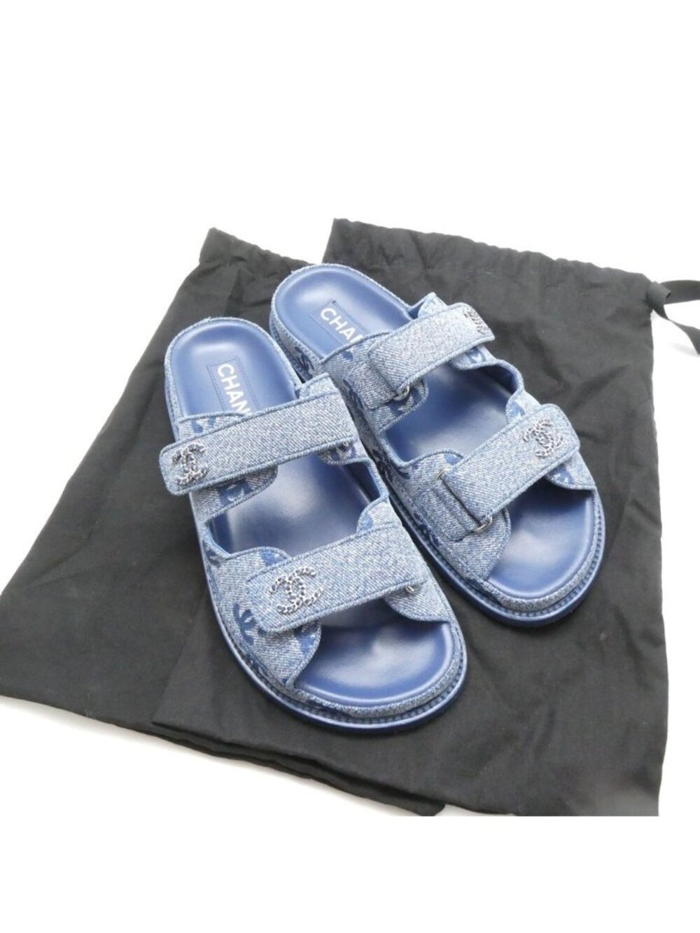 Chanel Velcro Sandals 38c Denim CC Logo Hooded